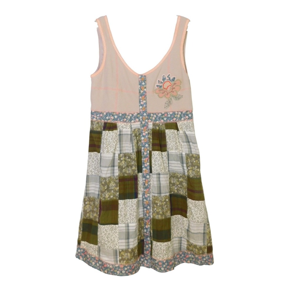 Humming‎ Women Patchwork Floral Waffle Knit Mini Dress Green Tan Large Y2K
